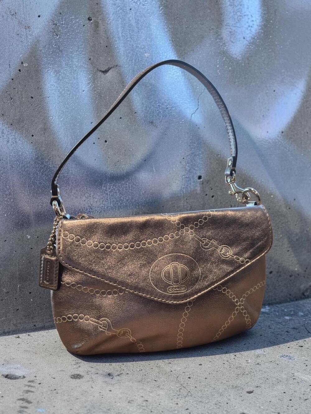 Coach Leather Metallic Silver Chain-Embossed Demi Flap Shoulder Bag - Picture 1 of 8